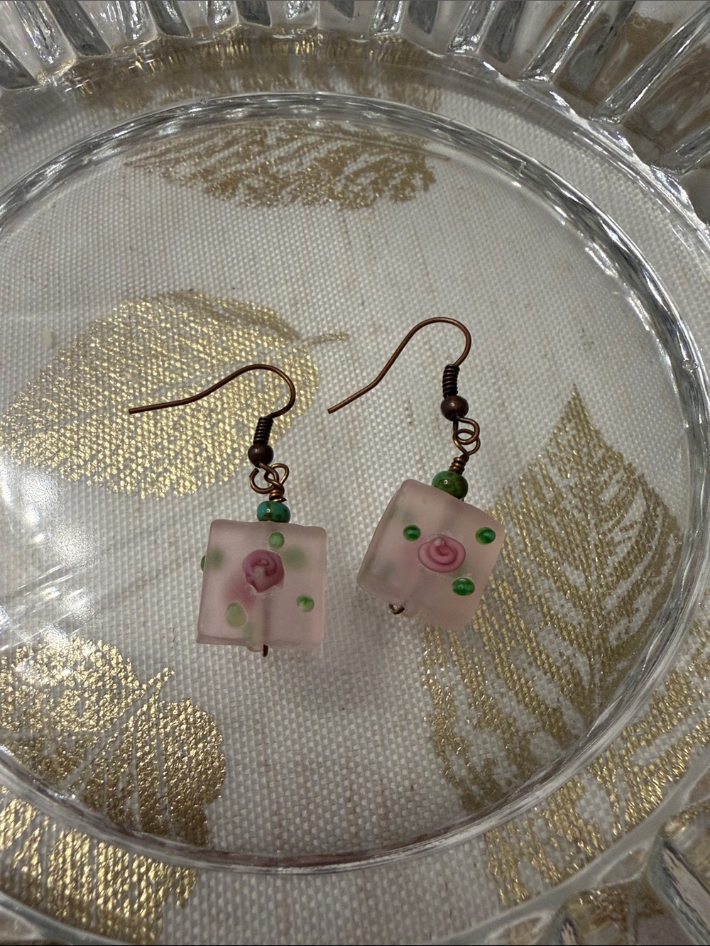 Hand Crafted Pink Rose Cube Earrings with Green Accents